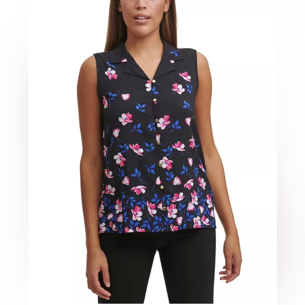 🆕 Calvin Klein CK Women’s V-Neck Black Floral Print Sleeveless Blouse Top L